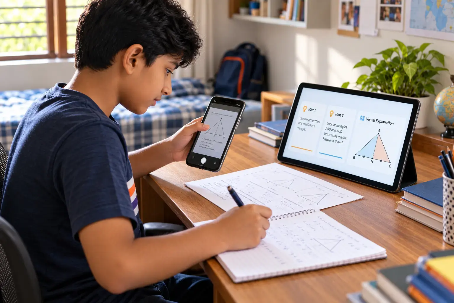 Student scanning math worksheet on phone with tablet showing step-by-step hints and visual geometry explanation