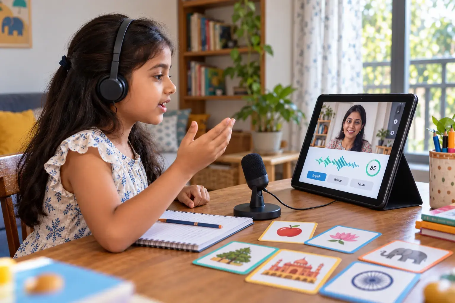 Young girl wearing headphones and speaking into microphone practicing pronunciation with AI tutor