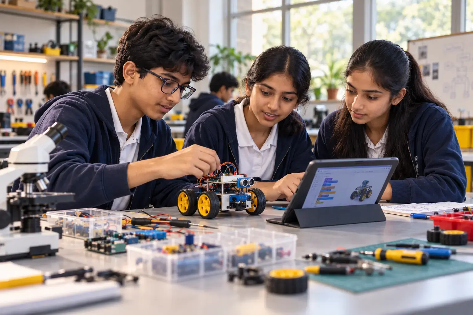 High school students assembling robotics rover car with visual block code simulation on tablet