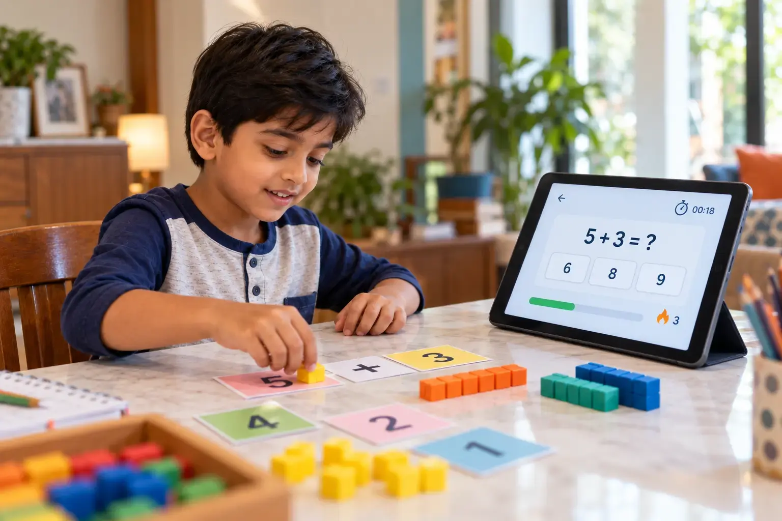 Young boy with colorful physical number blocks solving arithmetic addition problem on tablet timer