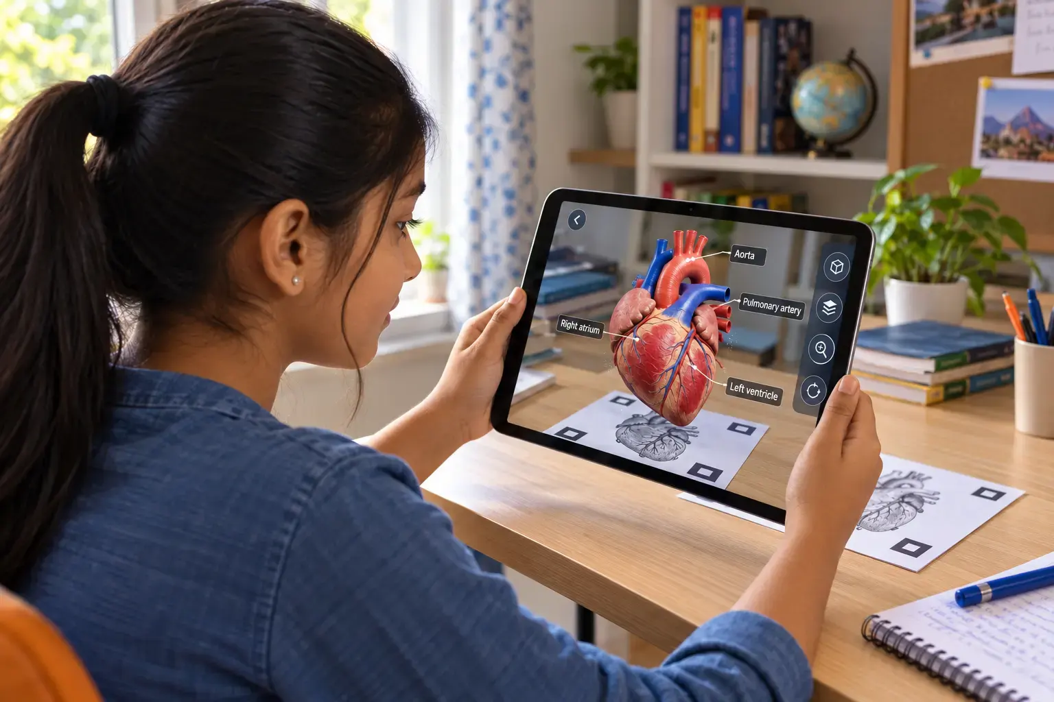 Student holding tablet in AR mode inspecting interactive 3D human heart with anatomical layer callouts