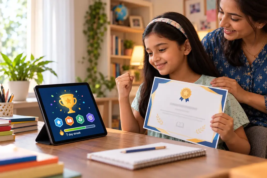 Mother and daughter proudly celebrating 7-day streak trophy and milestone achievement certificate